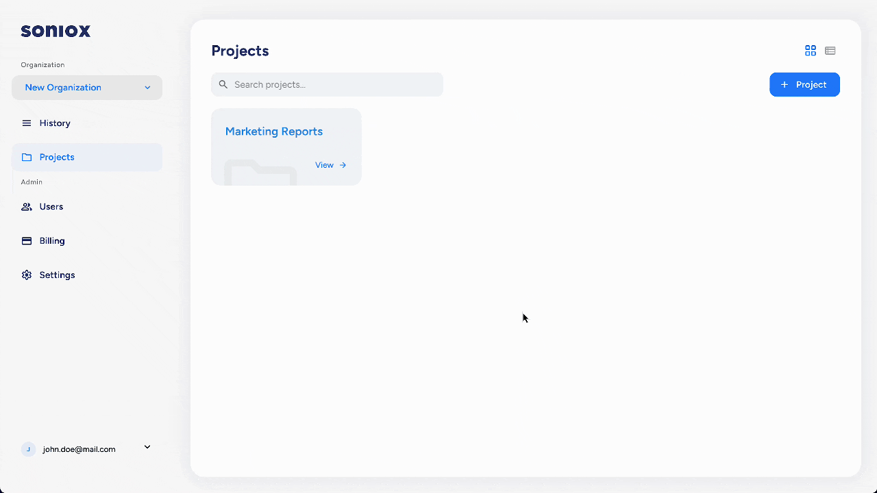 Soniox App Business - New project form