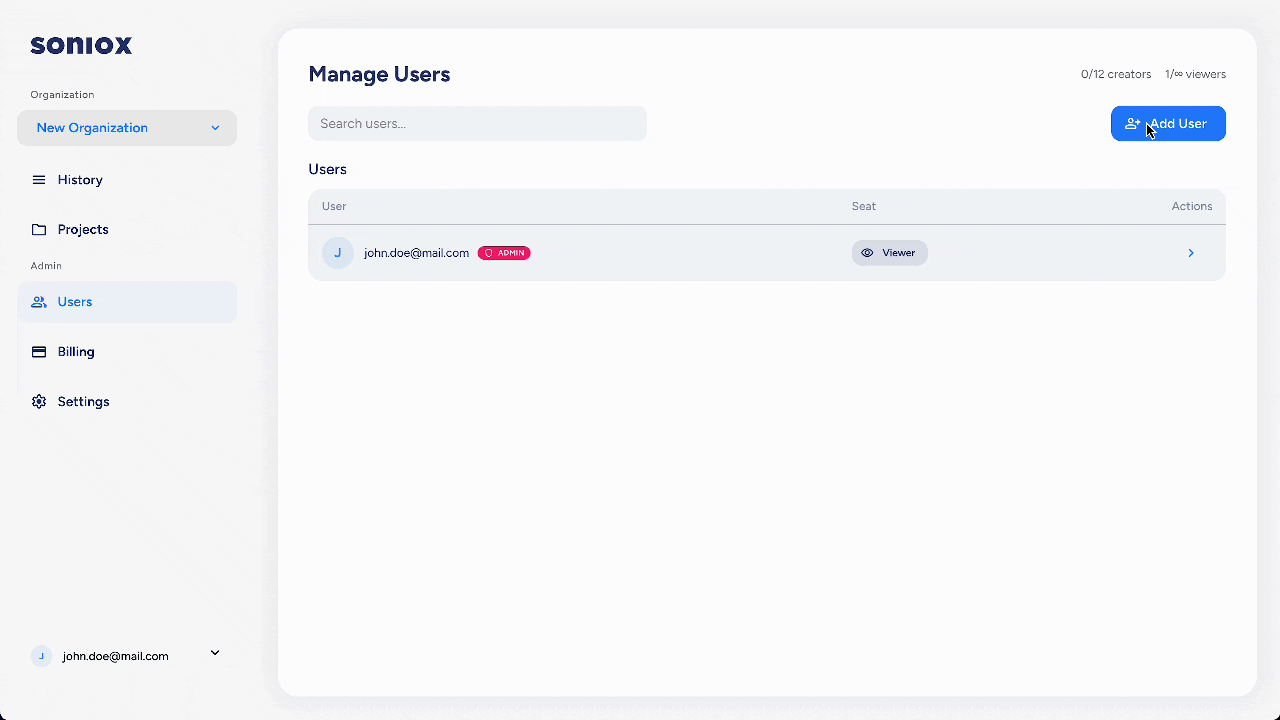 Soniox App Business - Invite user form