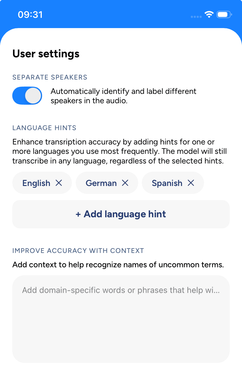 Soniox app transcription settings